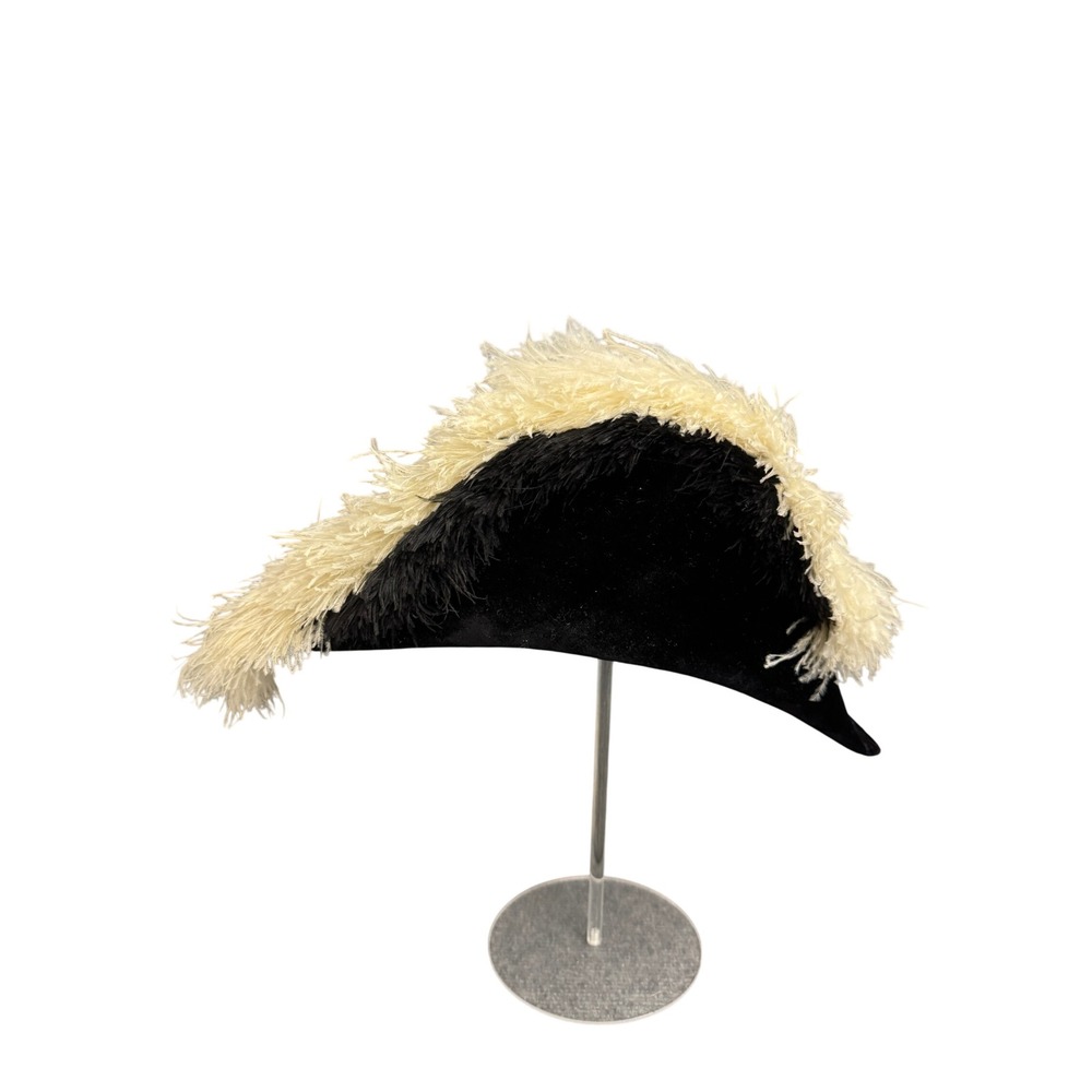 Vintage American Manufacture Bicorn Hat Black Velvet Ostrich Feather Size 7 1/8